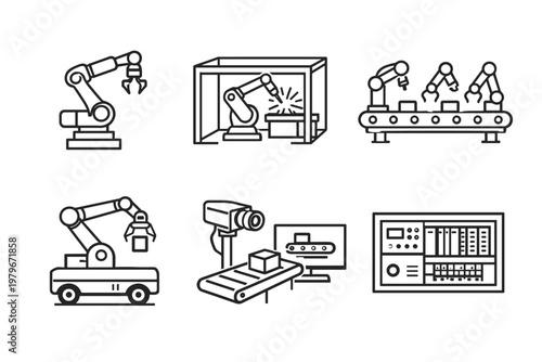 Industrial Robotics and Manufacturing Line Icon Set Featuring Robotic Arm Manipulator, Welding Cell, Assembly Line Conveyor, Mobile Robot, Machine Vision System, and PLC Control Panel for Factory