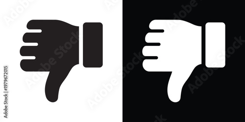 Thumbs down vector icon representing dislike, rejection, and negative feedback. Minimalist hand gesture symbol for disagreement, poor quality, and social media downvoting in black and white.