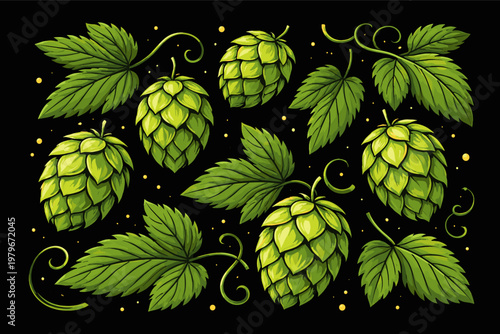 Stylized vector illustration of fresh green hop cones and serrated leaves on a dark black background; ideal for craft beer labels, brewery branding, organic botanical designs, and pub decor.