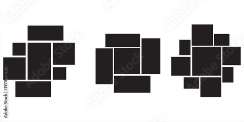 Mood board or photo collage template set. Black mosaic art grid arrangement. Picture frame composition portfolio collection. Wall gallery layout design for presentation, poster, mockup, banner. Vector