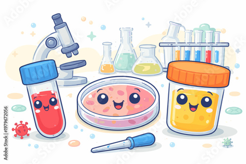 Kawaii medical laboratory illustration with cute smiling test tube, petri dish, and specimen jar characters, featuring microscope, flasks, and science equipment in a friendly cartoon style.