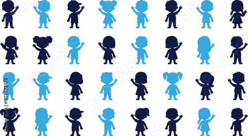 Silhouettes of children waving hands, diverse in gender and style.