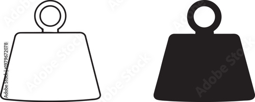 Metal weight of heavy mass black silhouette and outline icons for industrial and gym power design.