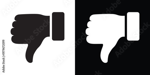 Thumbs down vector icon representing dislike, rejection, and negative feedback. Minimalist hand gesture symbol for disagreement, poor quality, and social media downvoting in black and white.