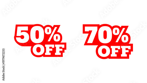 Modern bold red sale discount badges set featuring 25%, 50%, and 70% off labels. Perfect for marketing promotions, e-commerce, banners, and social media advertising.