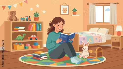 Girl Reading on Carpet.