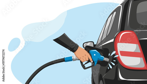 Refueling Black Car with Blue Gas Pump and Splashes Illustration
