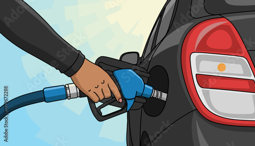 Person Refueling Black Car with Blue Gas Pump on a Sunny Day Illustration