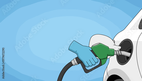 White Car Refueling with Green Pump and Protective Glove Illustration