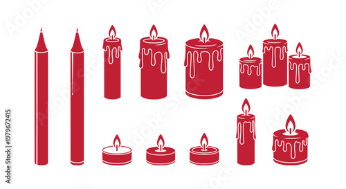 Set of Red Candle Icons and Pencil Shapes for Design Projects - Flat Vector Illustration Elements