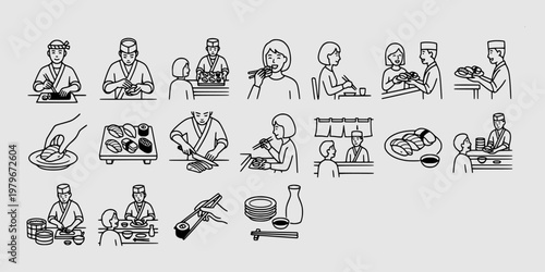 icon set collection of authentic japanese sushi preparation by a professional chef and customers enjoying a traditional seafood dining experience.