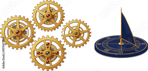 Vintage steampunk golden gears and sundial set for time concepts