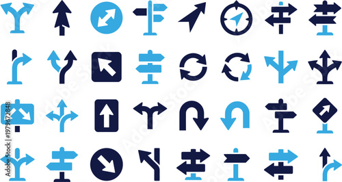 Collection of directional road signs arrows and compass icons on white background.