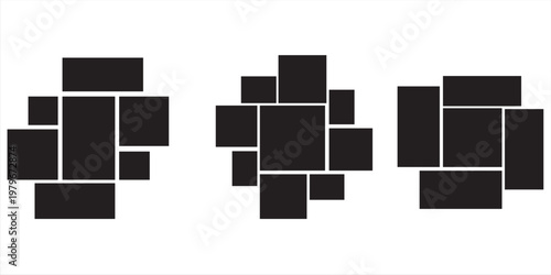 Mood board or photo collage template set. Black mosaic art grid arrangement. Picture frame composition portfolio collection. Wall gallery layout design for presentation, poster, mockup, banner. Vector