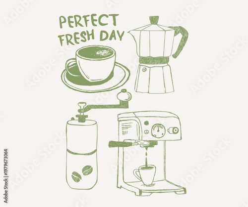 Coffee kettle, maker, cup vintage t shirt print design. Coffee club artwork for apparel, sticker, batch, background, poster and others. Perfect fresh day.