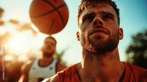 A close-up on a focused basketball player readying for a shot, reflecting determination and passion for the game against a sunny backdrop.