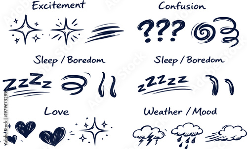 Hand drawn doodles for excitement sleep boredom love confusion and weather concepts in blue ink
