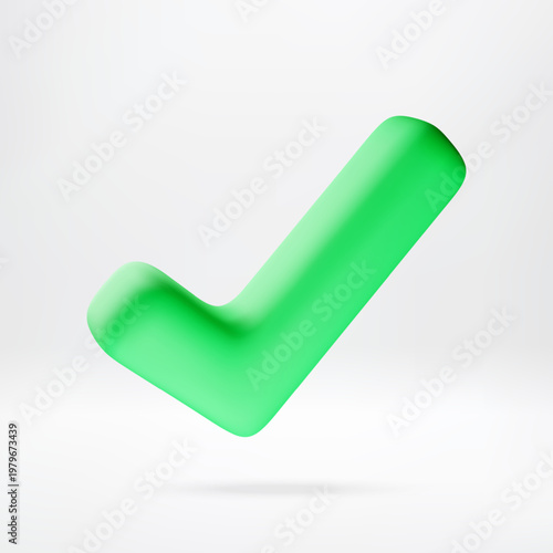 Green check mark symbol in 3d render. Icon representing confirmation, task completion and success. Positive choice validation element for mobile interface and web graphic design. Vector illustration