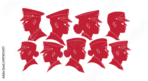 Set of red silhouettes representing diverse soldiers in military uniforms and peaked officer caps.