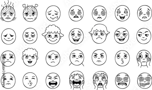 Collection of hand drawn emoticons expressing a range of emotions with simple line art style