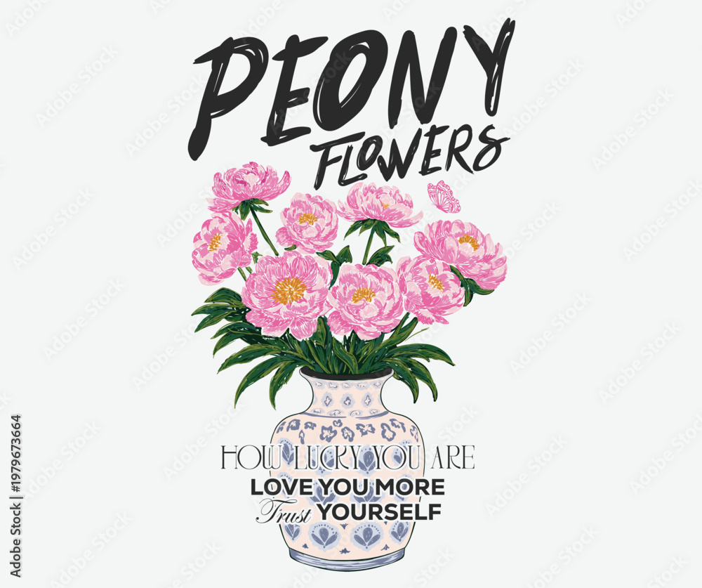 Fototapeta premium Floral graphic print design. Flower print design for t shirt. Flower pot abstract painting. Peony flower watercolor painting.
