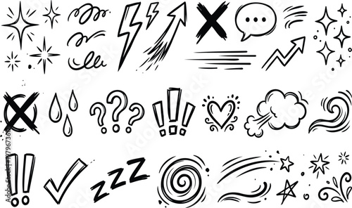 Collection of hand-drawn doodle icons and symbols for design elements in a black ink style