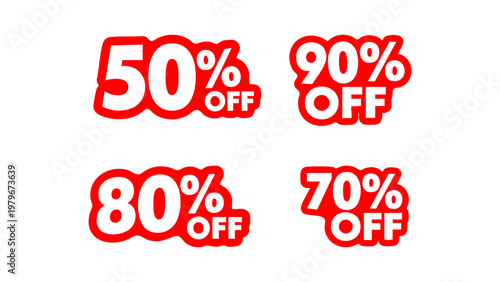 Modern bold red sale discount badges set featuring 25%, 50%, and 70% off labels. Perfect for marketing promotions, e-commerce, banners, and social media advertising.