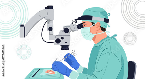 Surgeon Performing Delicate Operation Under Microscope in Modern Operating Room