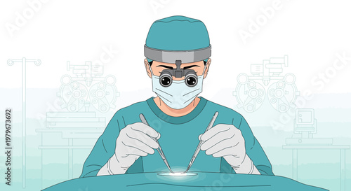 Surgeon Performing Delicate Operation with Magnifying Loupes and Surgical Instruments