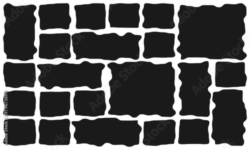 Set of rough edge rectangles in black, intricate tiled block composition for experimental layouts, abstract patterns and contemporary vector textures