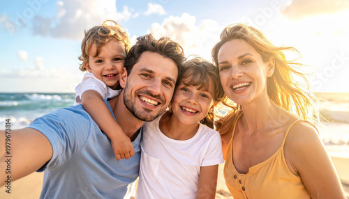 Happy family taking selfie on beach during sunset vacation