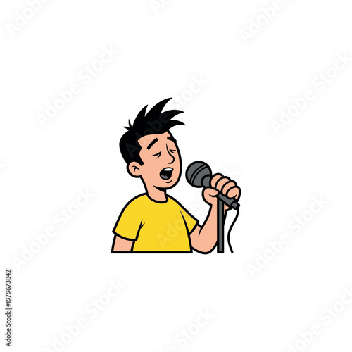 Cartoon boy singing into microphone.