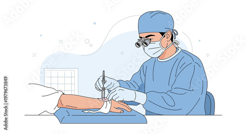 Surgeon Performing Hand Surgery with Magnifying Loupes in Operating Room