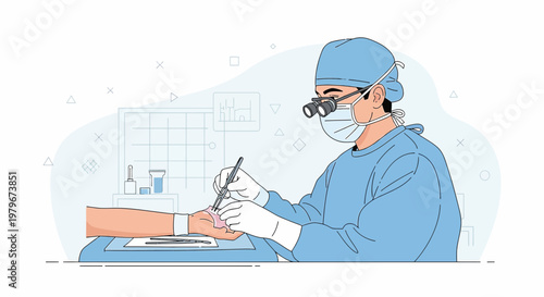 Surgeon Performing Hand Surgery with Magnifying Loupes in Operating Room