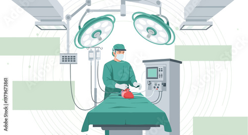 Surgeon Performing Heart Surgery in Modern Operating Room with Medical Equipment