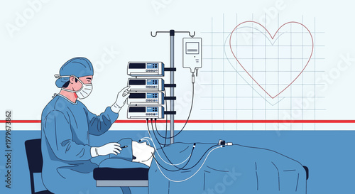Surgeon Performing Heart Surgery with Advanced Medical Equipment and Heart Diagram