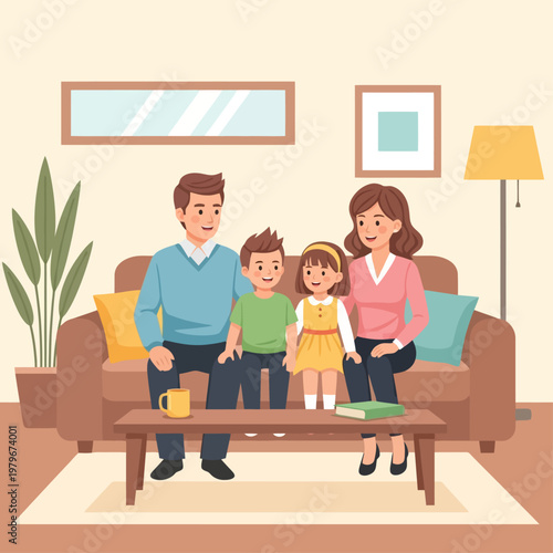 A happy family of four, including parents and two children, sitting together on a comfortable sofa in their cozy living room, enjoying quality time at home.