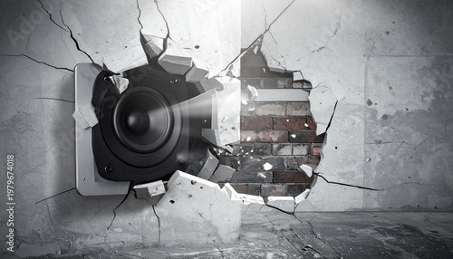 Large black speaker bursting through broken concrete brick wall