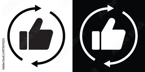 Simple vector illustration of a thumbs-up symbol enclosed in circular arrows, representing refresh, update, approval cycle, or continuous positive feedback. Clean monochrome design.