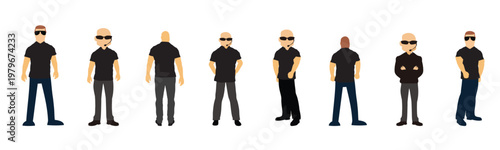 Police officer and property design character on white background. Group of Bodyguards in Black Suits  Business Security, Corporate Staff, or Serious Men Standing Characters. Vector Illustration.