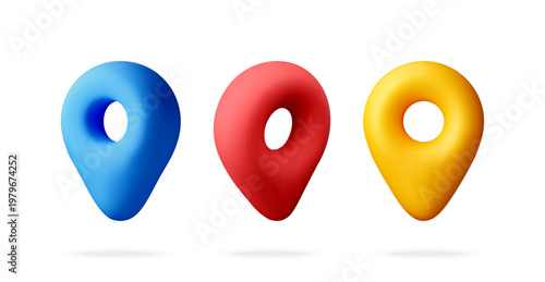 Three 3D location pin icons in blue red and yellow. Map pointer symbols for digital navigation, route finding and global positioning. Travel and destination. Vector illustration