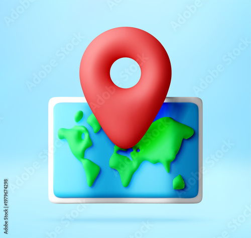 Red map pointer icon over stylized 3D world map. Navigation and location tracking. Digital geographic pin for travel planning and global positioning system search tool application. Vector illustration