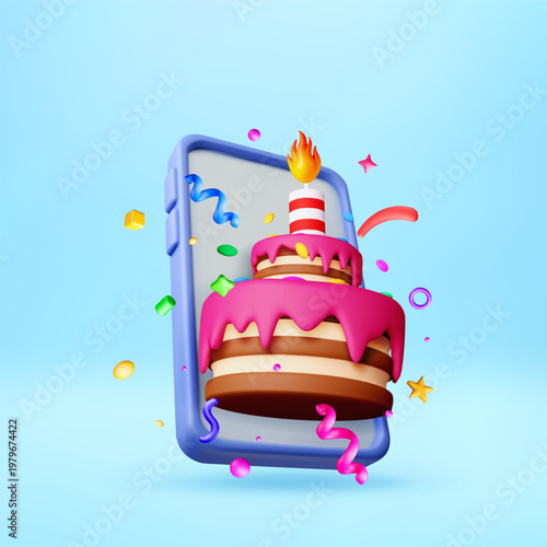 3D Birthday cake with candle popping out of smartphone screen. Mobile phone celebration concept. Festive party icon for greeting card and social media invitation. Vector illustration