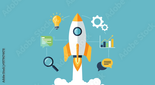 Rocket Launching with Business Icons, Startup Concept
