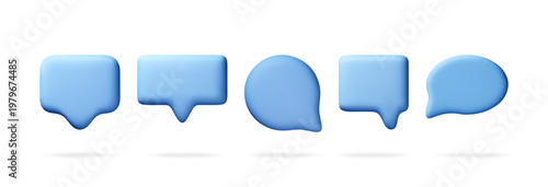 Blue 3d chat bubble set. Collection of speech balloon icons for digital communication. Minimalist glossy message frame for messenger application and social media interface design. Vector illustration