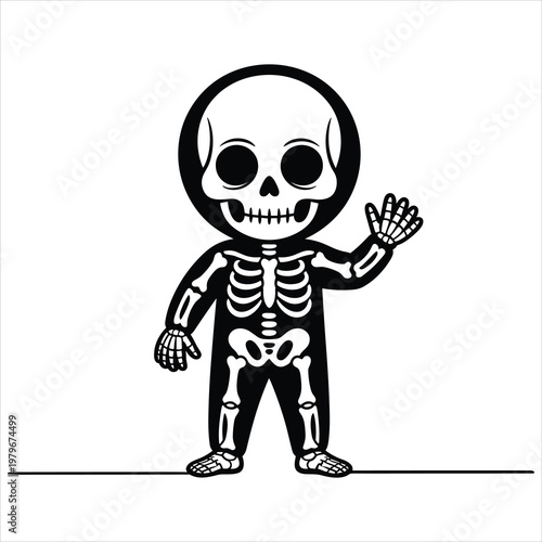 Cartoon skeleton character wearing a black bodysuit waving hand