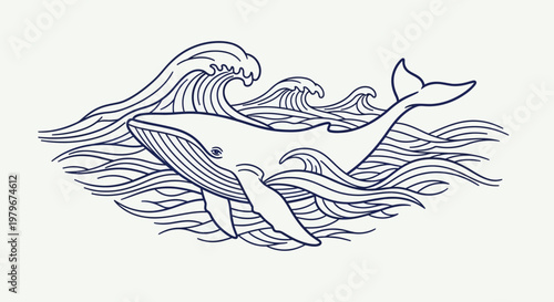 Whale Swimming Through Stylized Ocean Waves Line Art Illustration