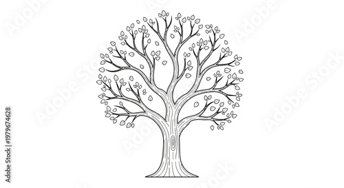Hand-drawn illustration of a deciduous tree with bare branches and a few leaves, black and white.