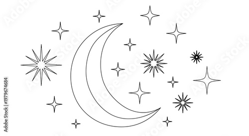Crescent Moon and Twinkling Stars - Outline Illustration Vector