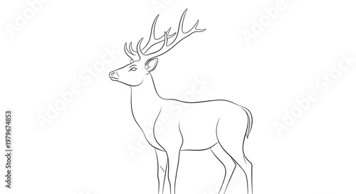 Elegant Stag Antlers Line Art Drawing - Majestic Deer Silhouette